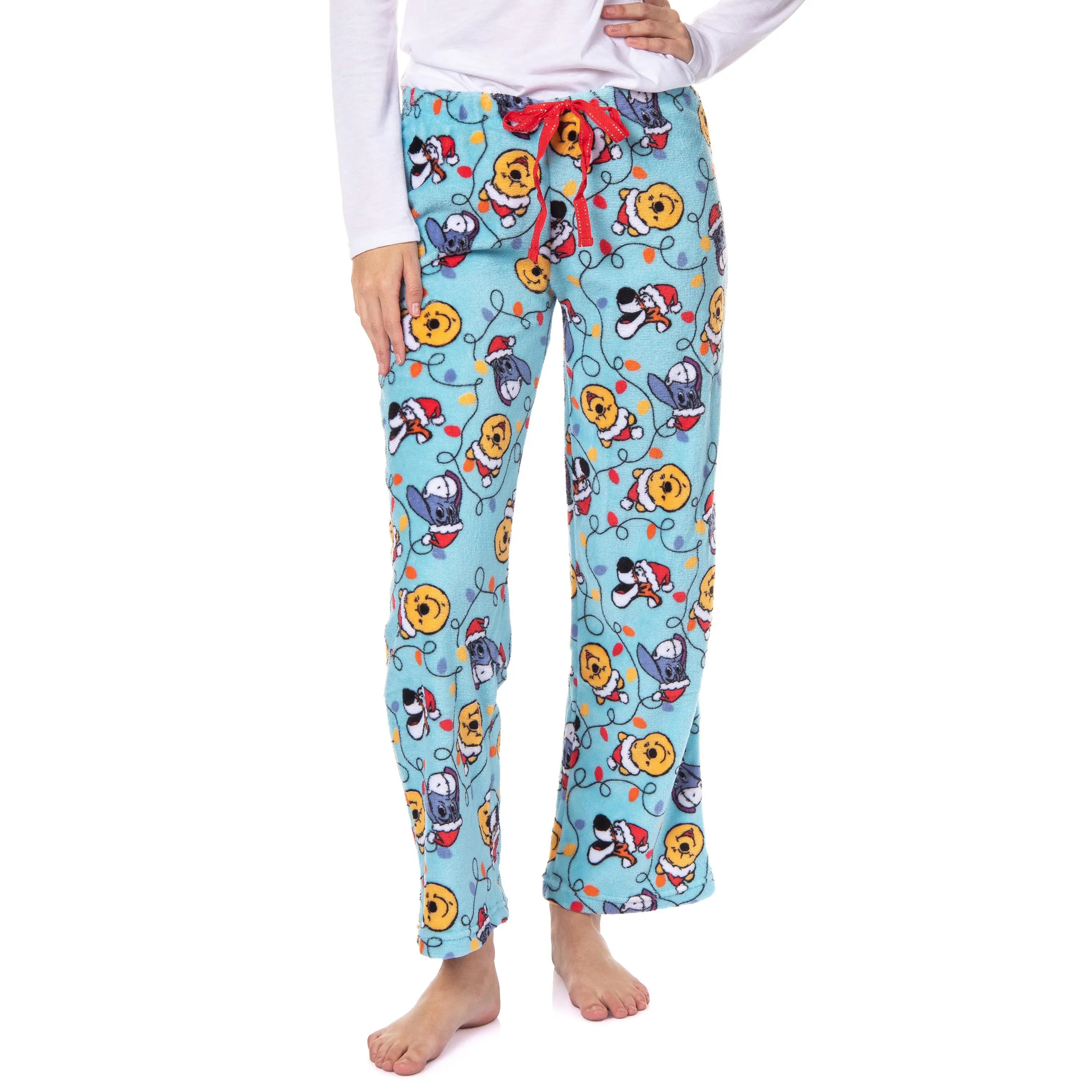 Women's Disney Winnie The Pooh Santa Hat Christmas Lights Polyester-Silver Fleece Plush Slip Pajama Lounge Pants (1X)