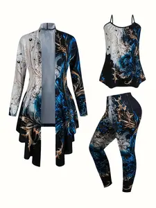 Women's All Over Print Floral Asymmetrical Hem Open Front Long Sleeve Jacket & Cami Top & Elastic Waist Pants Three-piece Set, Cute Clothes Set, Casual Spring & Fall Outfits Clothes for Ladies