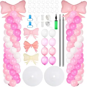 Pink Bow Balloon Column Stand Kit with 106 Balloons Stand Pink and White Foil Latex Balloon Arch for Bridal Baby Shower Birthday Coquette Decoration