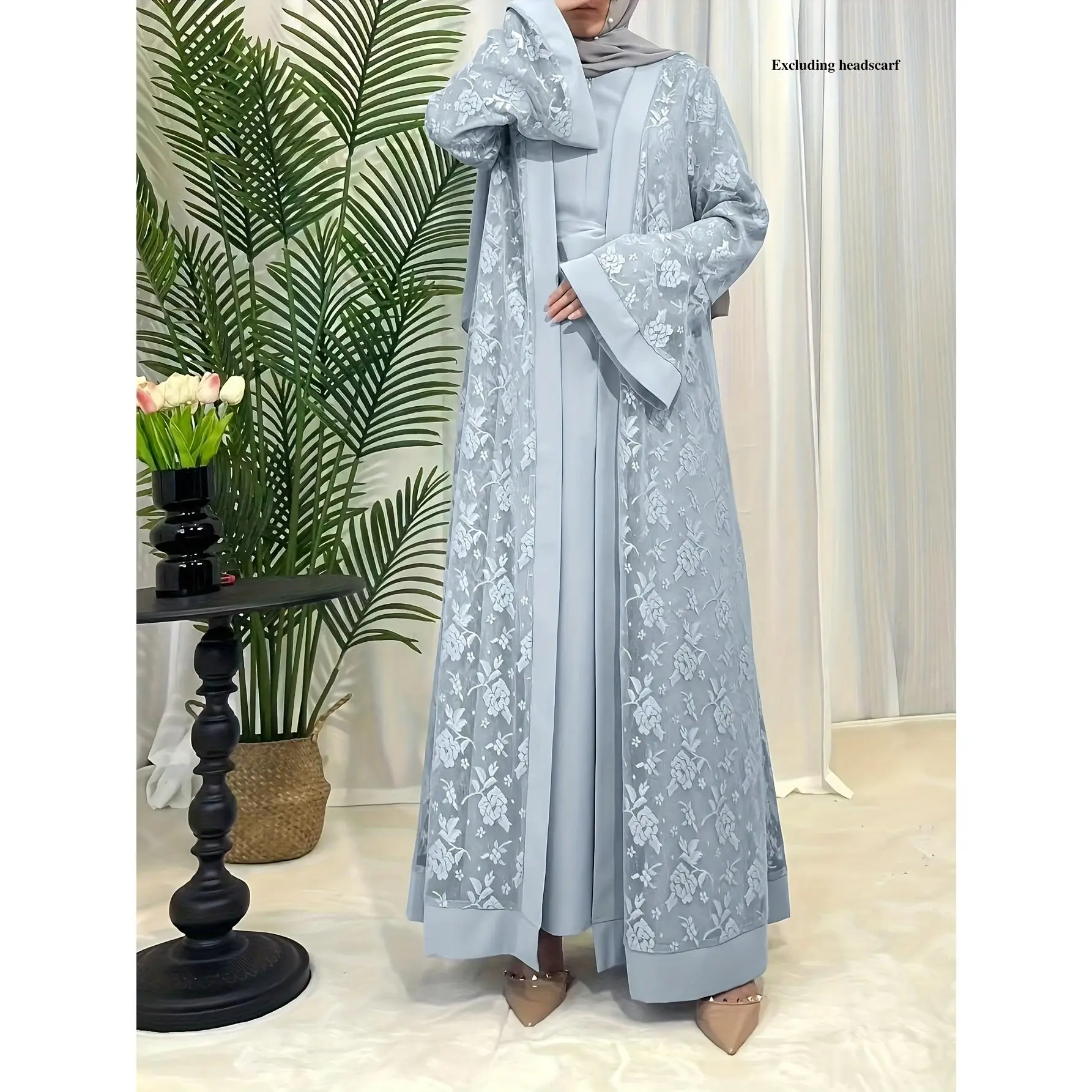 Cultural Grace, Elegant Muslim Women's Abaya and Hijab Set - Light Blue Floral Long Robe with Matching Headscarf, Polyester, Machine Washable - Perfec