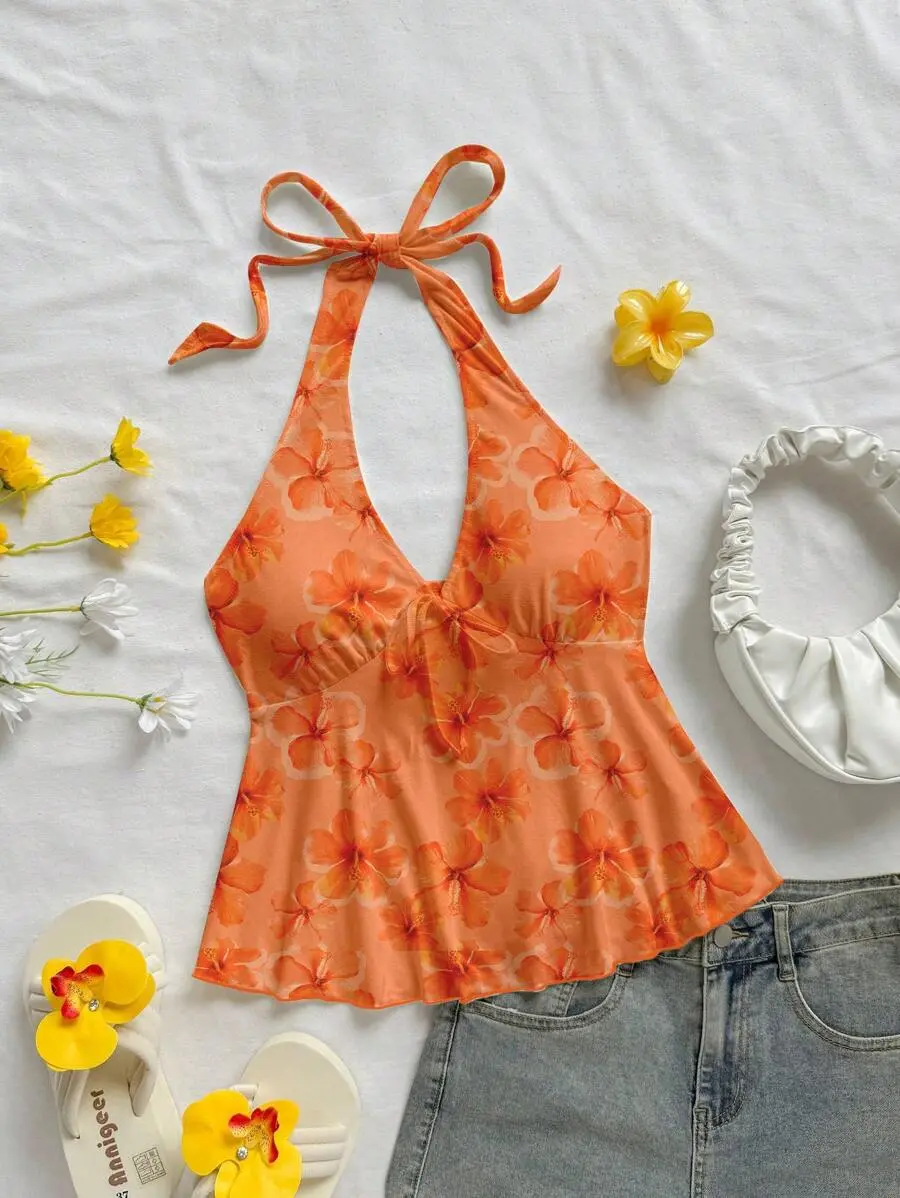 Boho Spring Break WYWH Orange Lily And Hibiscus Print Knitted Racerback Tank Top, Fitted For Women Beach Vacation, Suitable Summer
