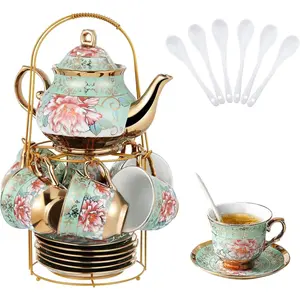 20 Pcs Porcelain Tea Set with Metal Holder, Adult Tea Set Gift, European Ceramic Tea Set for Adults, Flower Tea Cup Saucer Set for Party With Gold Flower Painting