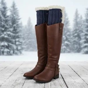 NEW Women's Winter Boot Covers Toppers Pair Blue Fabric Slip On White Crochet Buttons Western Fashion Accessory One Size Adjustable 5" Long