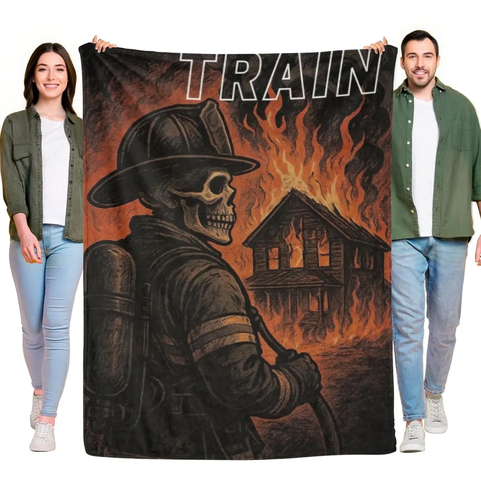Flannel Throw Blanket Skeleton Firefighter Burning House TRAIN Text Dark Grunge Fire Art Fireman Vintage Graphic Decor Throw Blanket