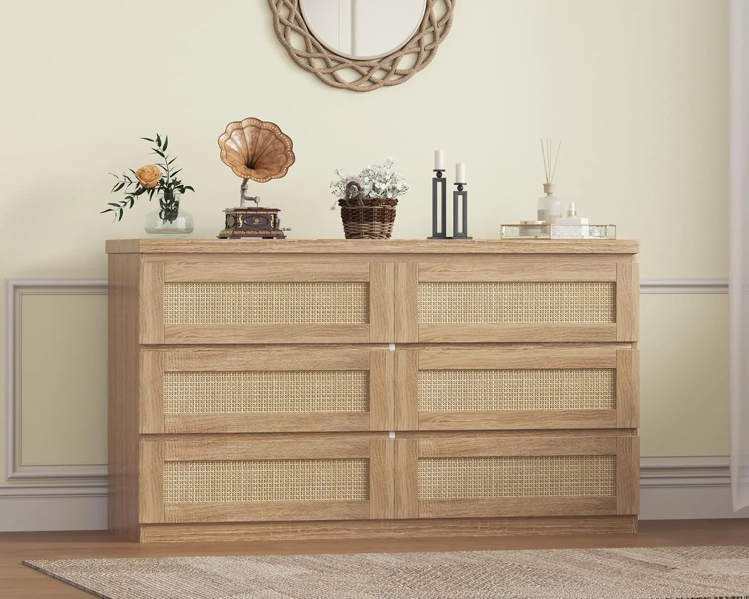 Rattan Dresser for Bedroom, Modern 6 Drawer Double Dresser for Bedroom, Wide Wood Chest of Drawers for Bedroom, Living Room, Hallway