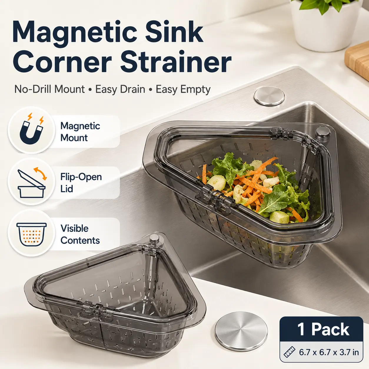Magnetic Sink Corner Strainer Basket, No-Drill Kitchen Food Scrap Catcher with Flip-Open Lid, Quick Drain Sink Organizer & Sponge Holder