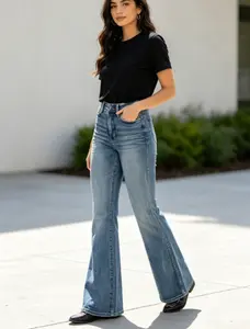 Women's Chic Mid-Waist Tummy Control Dark Denim Flare Jeans - Everyday Womenswear Bottoms