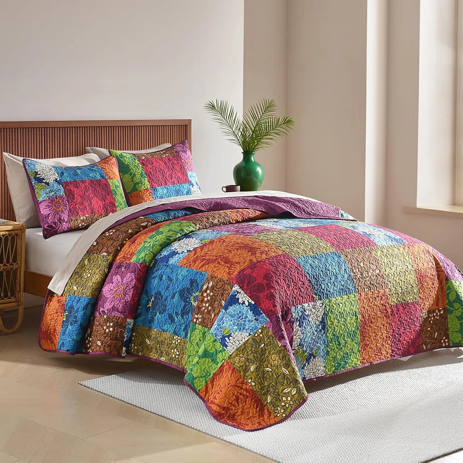 100% Cotton Red Patchwork Reversible Seersucker Soft Breathable Cooling Quilt Set, Coverlet Bedding Set, Duvet Coverlet Bedspread, Soft Quilt Set