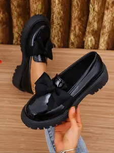 Women's Fashionable Bowknot Design Pu Leather Loafers, Flat, Casual Comfortable Soft Sole Shoes for Daily Wear, All-match Commuter Shoes for Work & Daily Wear