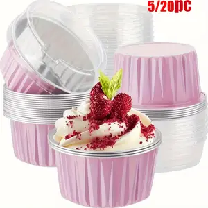 5/20pcs Mini Aluminum Foil Baking Cups with Lids, Reusable Cupcake Molds, Perfect for Bread Cake Desserts, Party Decorations