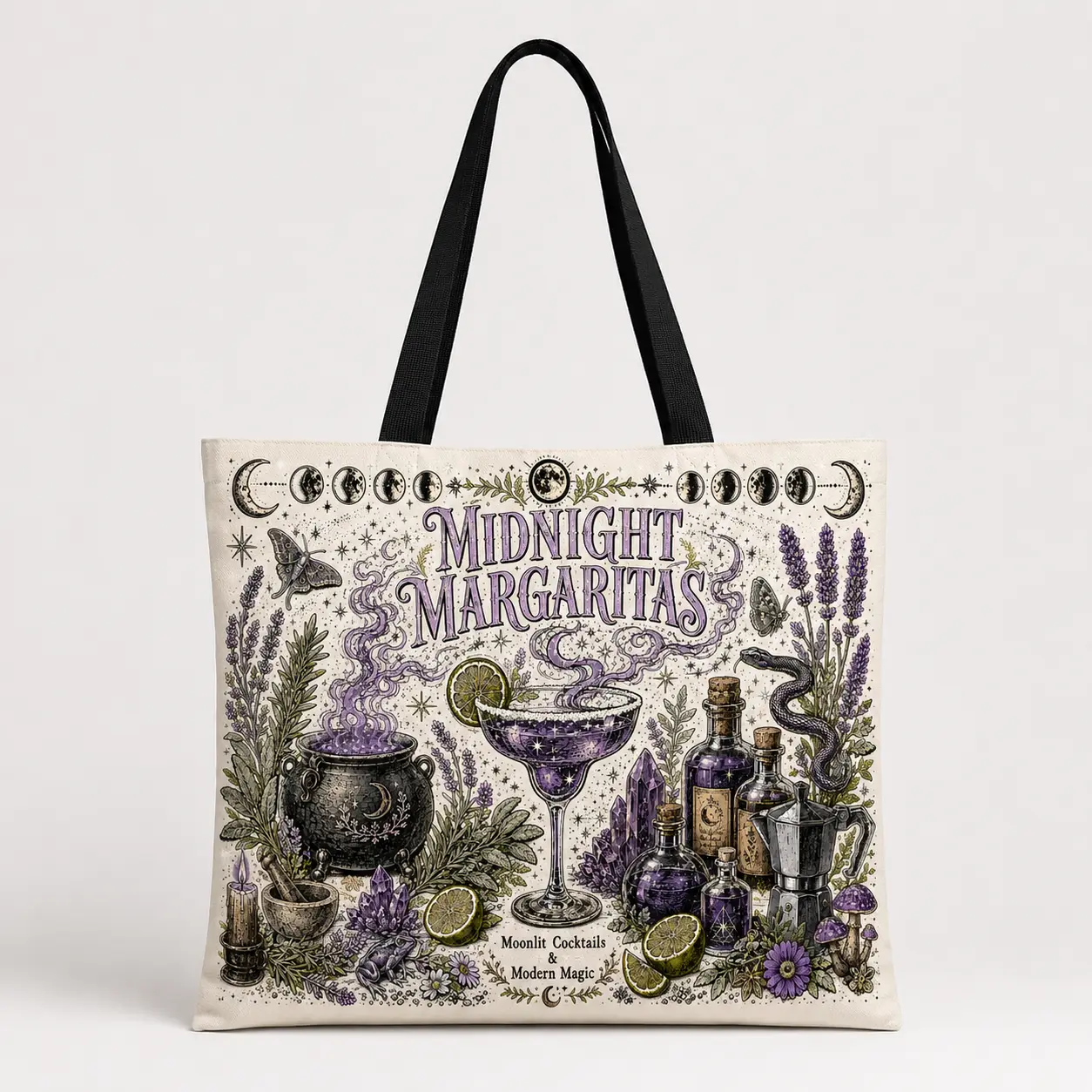 Midnight Canvas Tote Bag Witchy Gothic Moon Phase Reusable Shoulder Bag