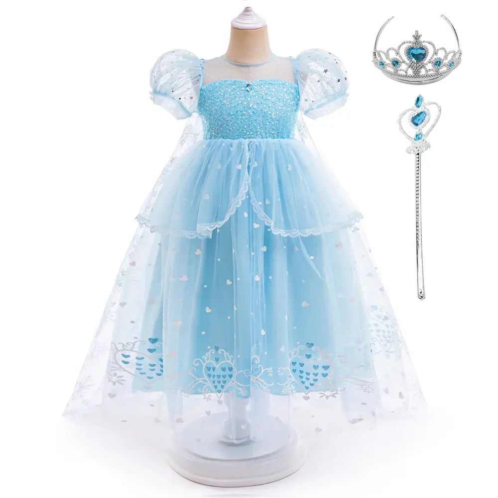 7-8Y with Crown Magic Wand Cloak Sky Blue Sequins 086 Cartoon Cosplay Costume Fancy Carnival Kids Clothes Performance Princess Theme Party Holiday Girls Ball Gown Children Cocktail Dress