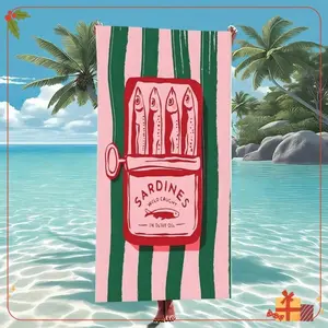 Sardine Quick-Dry Beach Towel - Soft, Absorbent, Lightweight Microfiber, With Fun Cartoon Sardine Can Design - Perfect For Swimming, Surfing, Camping And Travel Essentials, Surfing Accessories, Lightweight, Portable, Sand-Proof, Machine Washable, Ski