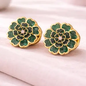 Green Flower Button Cover, Gold Tone Cuff Accessory, Shirt Button Jewelry, Elegant Sleeve Detail, Unique Gift for Her