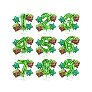 40 Inch (Approx. 101.6cm) Green Pixel Miner Aluminum Foil Balloon Set, Large Mylar Digging Theme Digital Balloon, Pixel Cube Video Game Birthday Party Decoration 1-9, Letter Balloons