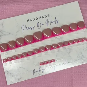 Press on toenails pink glitter French tips handmade custom builder gel nude