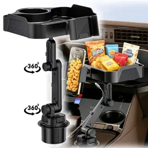 4 in 1 Car Cup Holder Expander Tray with Phone Holder, 360° Rotation Extra Large Food Table Tray Car Console Storage Organizer Box Trays Phone & Snack Road Trip Essentials Accessories, Universal for Most Car SUV Truck VAN Pickup