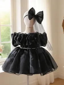 (Dress + Hair Accessories) Girls' Little Black Dress Elegant High-end Ruffle Dress Pearl Belt Design Suitable for Birthday Party Wedding Princess Seraphina Dress
