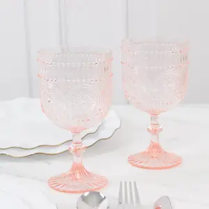 12 Pack Plastic Wine Goblets, 15oz Reusable Shatterproof Blush Vintage Drinkware – Embossed Floral Pattern Decorative Cups