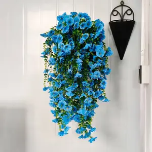 8pcs Large Outdoor Blue Trumpet Flower Hanging Decor, High Fidelity Open Shape, UV Resistant, No Power Needed, Home Garden Patio Decoration,no fade no water flowers