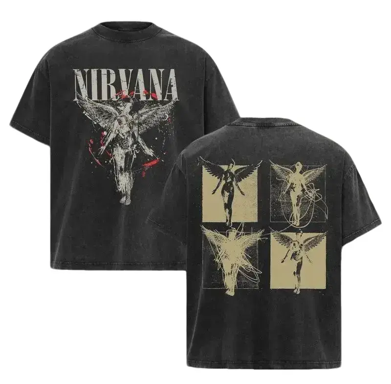 Men's Vintage Washed Oversized Black Acid Wash Nirvana Apparel Tops - Short Sleeve Breathable Fabric, Double-Sided Front Nirvana Letter Angel Print, 4-Panel Angel Grunge Band Graphic, Rock Casual Style