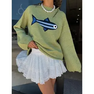 Women’s oversized graphic crewneck pullover sweater with fish print, long sleeves, casual fit, available in Y2K grunge and fisherman core aesthetics