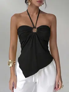 Sexy Elegant Solid Color Halter Tie Metal Decoration Asymmetrical Hem Off-Shoulder Backless Women's Crop Top, Summer Beach Festival Party Date Womenswear