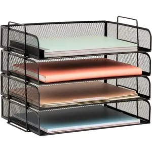 Stackable Paper Tray, Desktop Organizer, File Storage, Office, Metal Mesh, 4 Pcs., Black