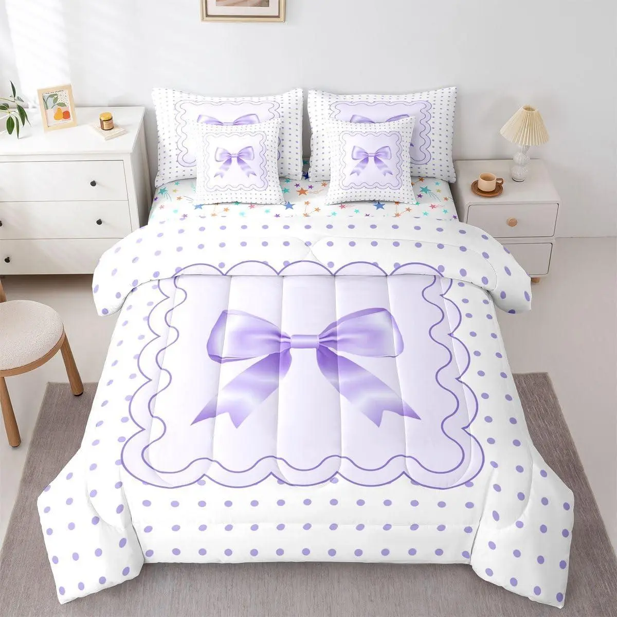 Purple Silk Bowknot 7 Piece Bedding Set Cute Polka Dot Comforter Set with Sheets for Kids Boys Girls White Purple Bed in a Bag Sweet Romantic Bed Set Soft Lightweight