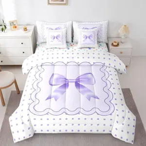 Purple Silk Bowknot 7 Piece Bedding Set Cute Polka Dot Comforter Set with Sheets for Kids Boys Girls White Purple Bed in a Bag Sweet Romantic Bed Set Soft Lightweight