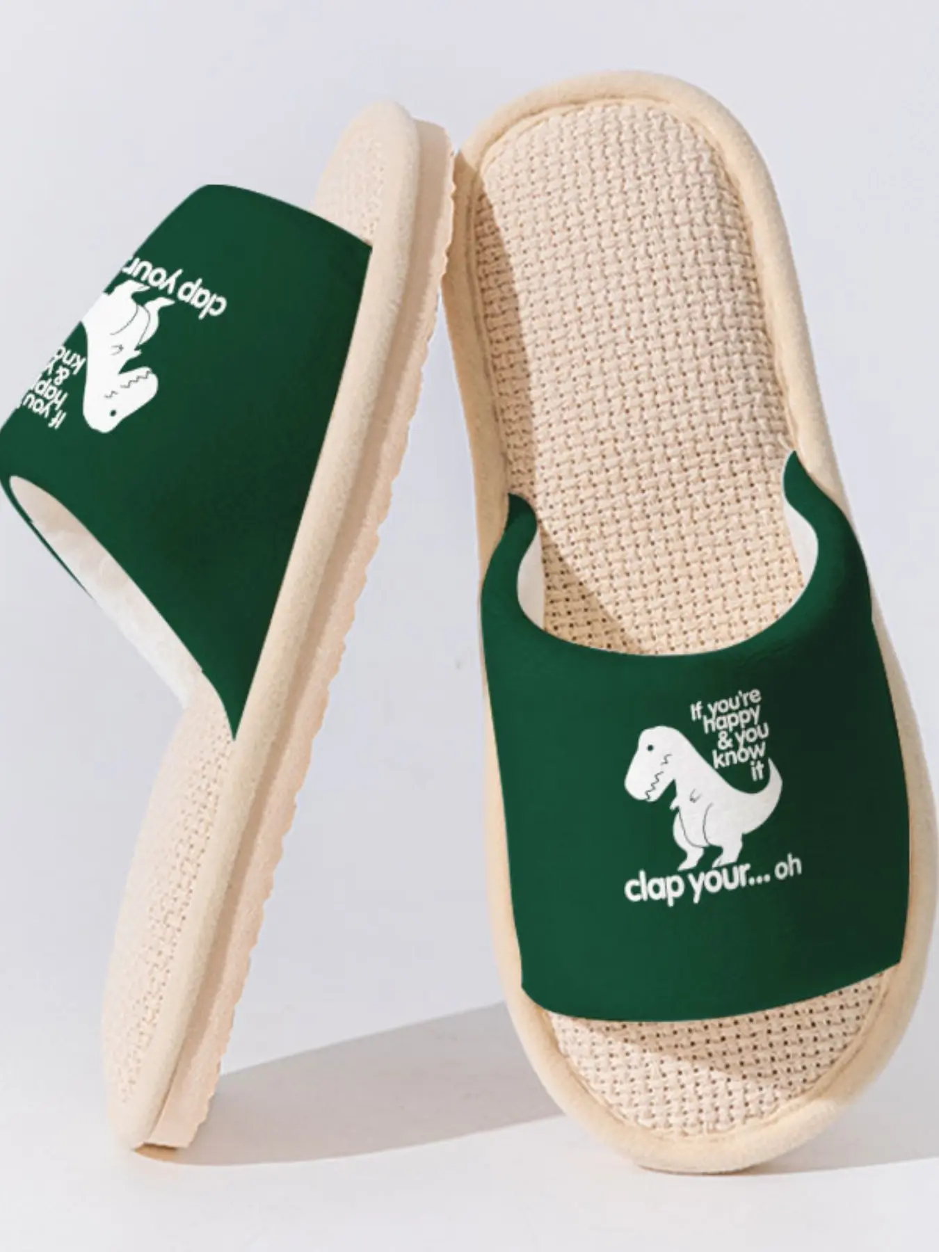 Silly Dinosaur Print Trendy Linen Slippers, Breathable Lightweight Non-slip All Season Home Shoes for Women Men Family Guest Daily Wear
