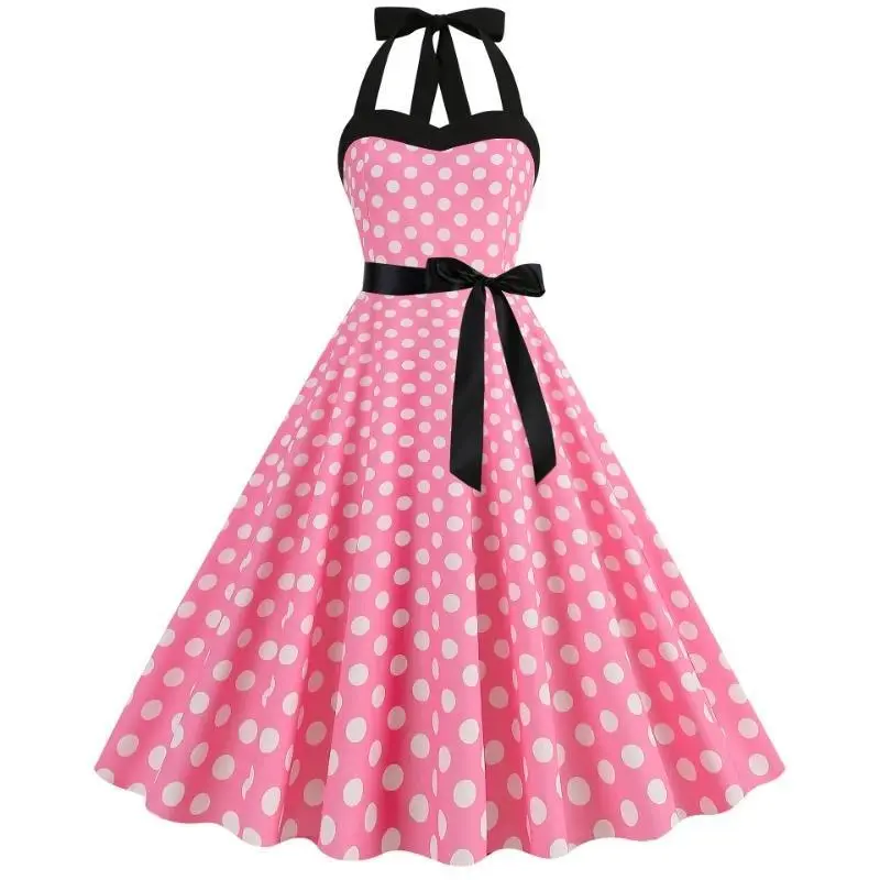 Elegant Women Polka Dot Dress Summer Hepburn 1950s 60s Vintage Sexy Halter Rockabilly Retro Party Office Dresses 2026 Robe Pinup