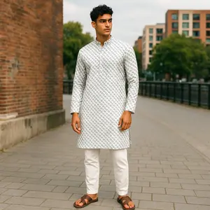 Men’s chikankari kurta set. No scarf included.