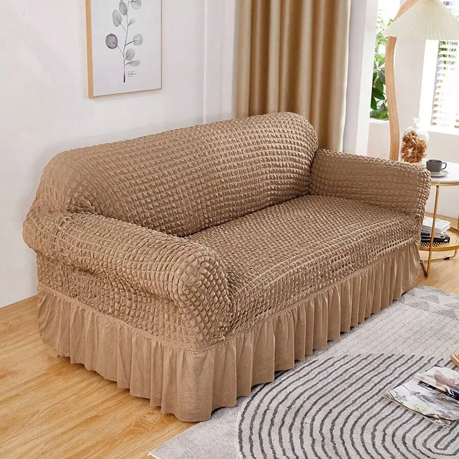 1pc High Elasticity Bubble Chiffon Sofa Cover With Skirt Style, Four Seasons General Bubble Grid Sofa Cover, Pet-Proof, Easy To Install Sofa Protector