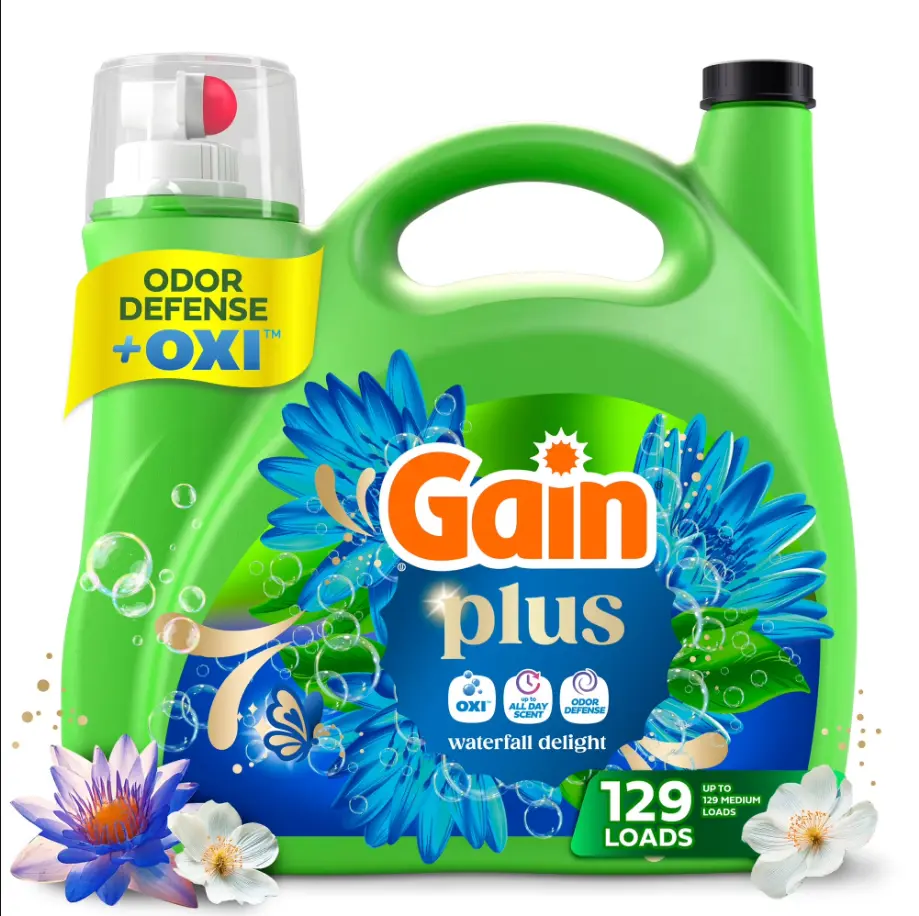 Gain Plus Liquid Laundry Detergent 170 fl oz Waterfall Delight Scent with Odor Defense & OXI for 129 Loads Enhanced Clean All Day Freshness