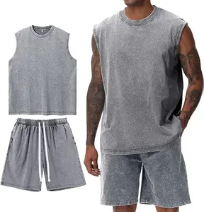 2 Pack Acid Washed Sleeveless Shirt and Shorts Summer Cotton Sports Set Suitable for Men and Women