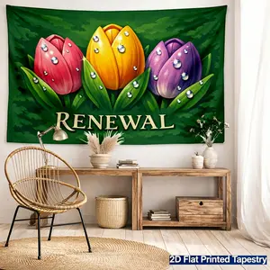 Tulip Pattern Thicken Flannel Tapestry with "Renewal" English Slogan, Suitable for Various Occasions Such as Bedrooms, Living Rooms, Studios, Cafes, Restaurants, Student Dormitories, etc., and a High-Quality Choice for Room Decoration
