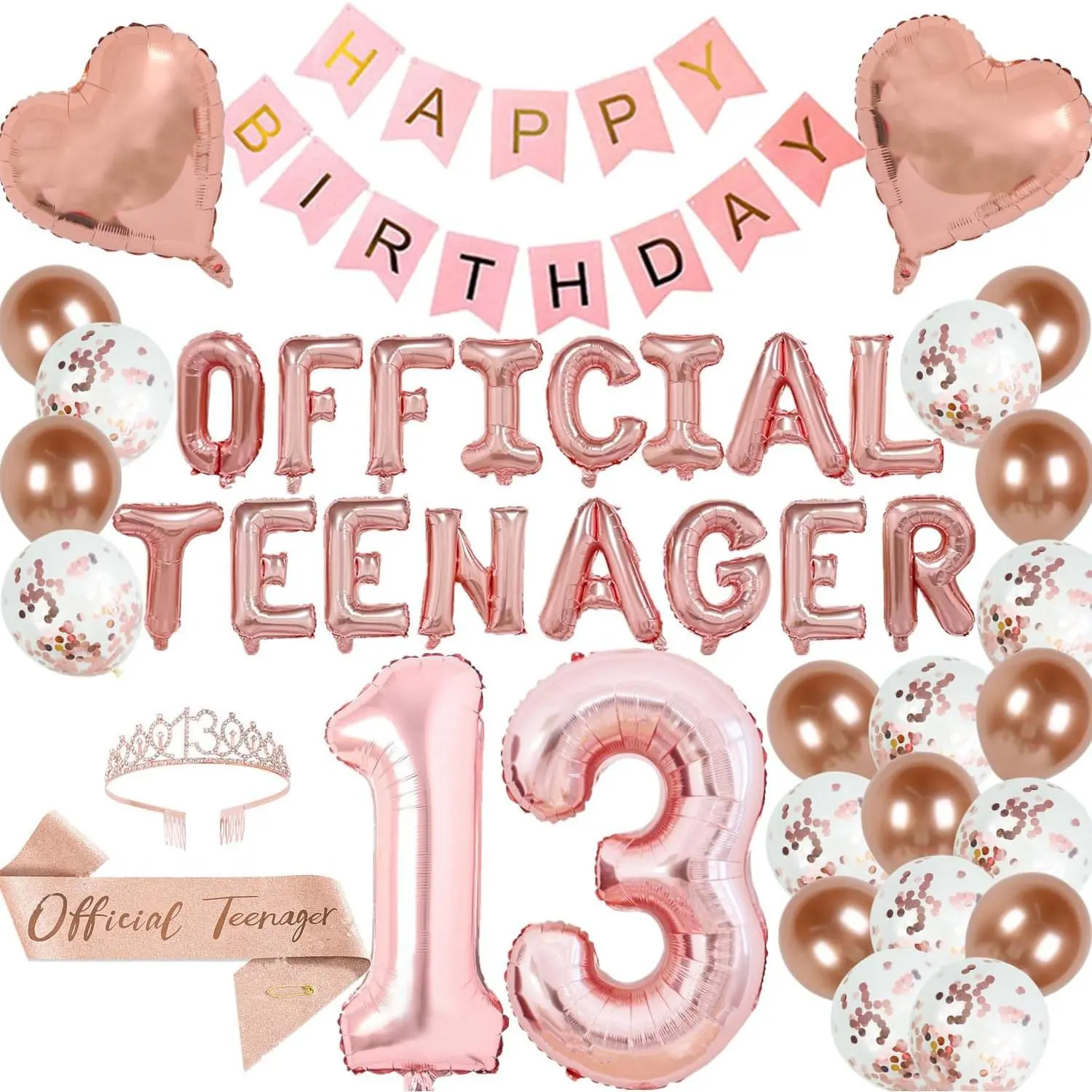 13th Birthday Party Decorations OFFICIAL TEENAGER Party Balloons 13th Birthday Tiara Official Teenager Sash Happy Birthday Banner for 13 Year Old Girls Birthday Party Favor Supplies (rose gold)