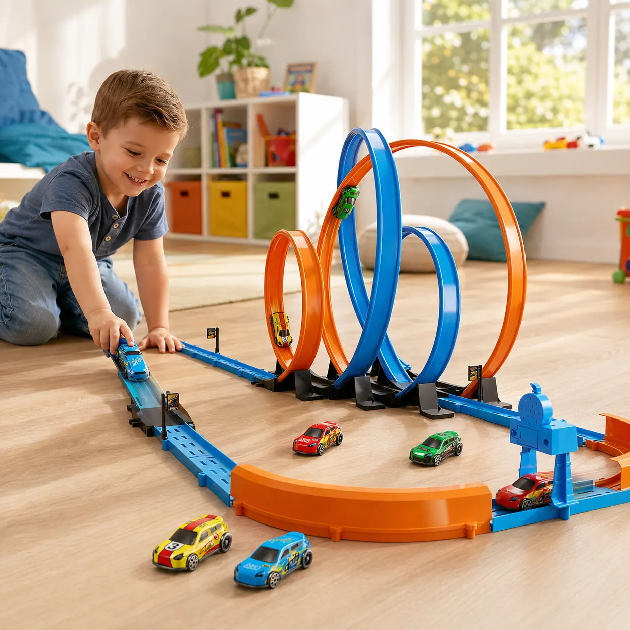 Car Race Track Sets for Kids 42 PCS Toy Car Track Accessories with 4 Small Cars for Racing Game Indoor & Outdoor Play Perfect for Birthday Gifts - Toyset