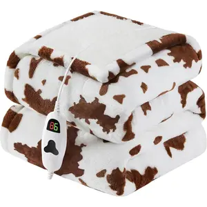 Heated Electric Blanket Throw, 50X60 Brown Heating Blanket with 10 Heat Levels & 8 Hours Auto Off, Cow Print Western Highland Cow Decor Fleece Sherpa Warm Blanket Gift for Women Adults