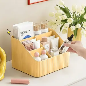 4-Compartment Cosmetic Storage Basket, Plastic Bathroom Accessories Desktop Organizer, Transparent Home Dorm Vanity Box