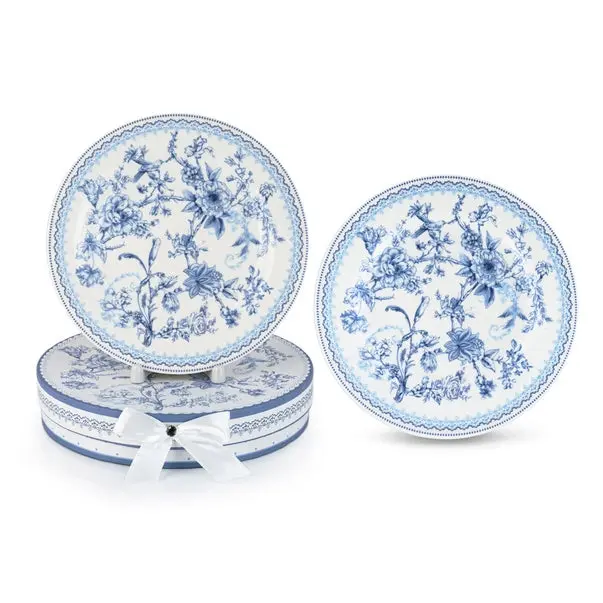 Elegant Blue Floral Porcelain Dessert Plate Set of 2  (Gift Box Included)