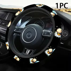 1pc 1.6 x 15 inch Cute Bee and Daisy car steering wheel cover, non-slip and comfortable, car interior accessory, for Vehicle, no inner ring, easy to install and remove, suitable for all car models, a gift for car enthusiasts, holiday gift, 2.05LYY-17