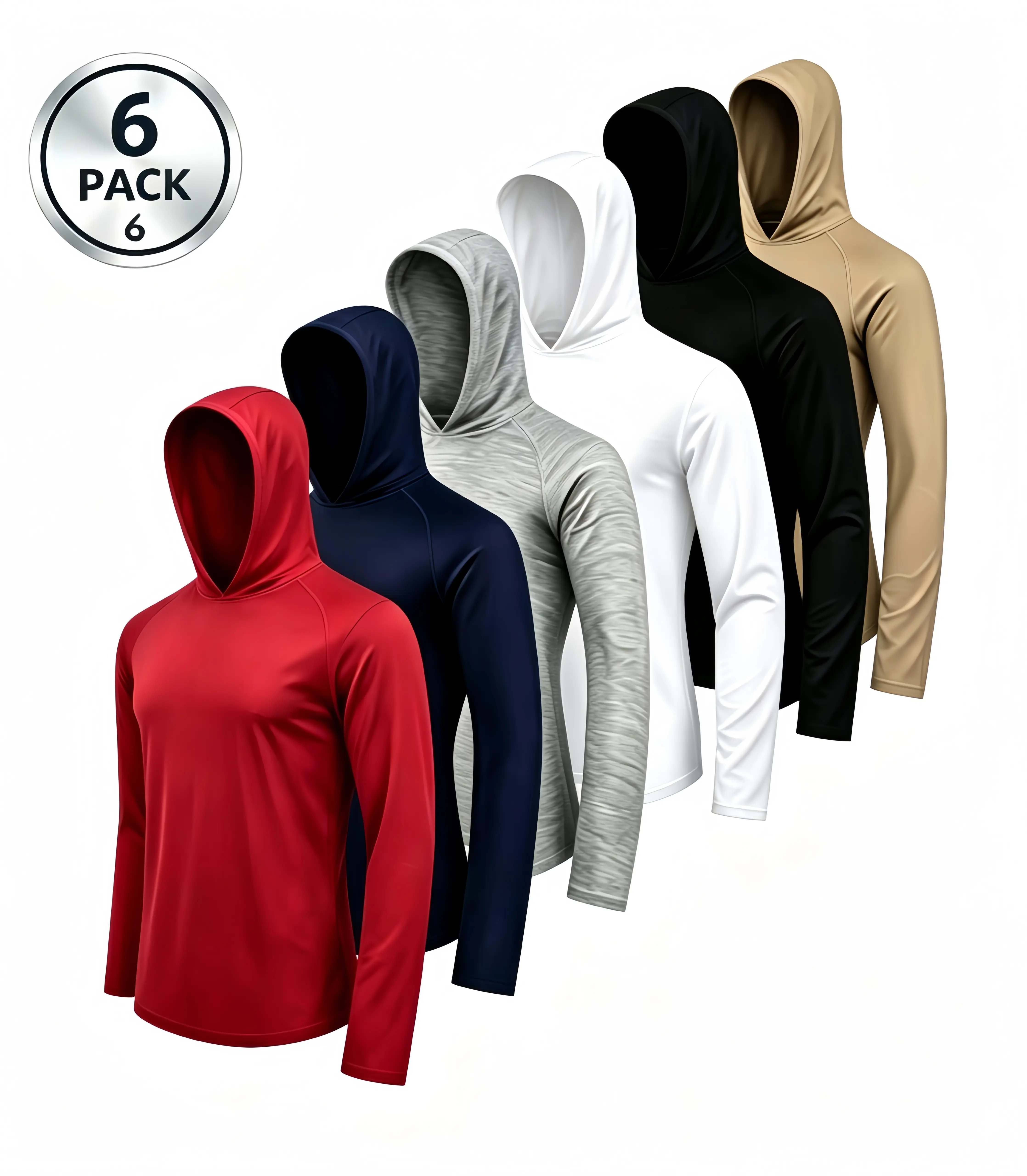 6Pcs Men's Hooded Long‑Sleeve Dry‑Fit Shirts, Ice‑Cool Quick‑Dry Breathable Fabric, Moisture‑Wicking Sun‑Protection Rash‑Guard Fishing Hoodie, Windproof Lightweight All‑Season Cooling Workout Tops for Running Cycling Gym Fishing, Outdoor Travel & Camping