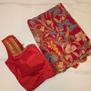 Red Designer Floral Highlited Tissue Georgette Saree and Designer Blouse