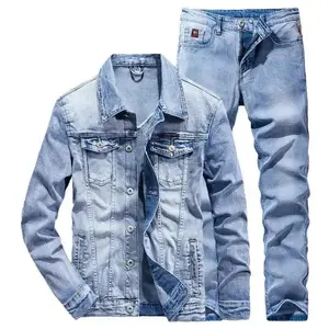 Denim Suit Men's Slim Micro-stretch Two-piece Spring and Autumn Jacket Jeans Casual Grey