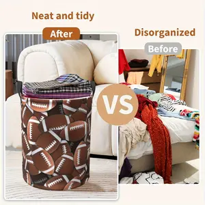 Football-print Foldable Laundry Basket - Durable Polyester, Easy To Carry, Large Capacity, Suitable for Storing Clothes and Toys in Bathrooms, Bedrooms and Sports Changing Rooms, Sports-themed Storage | Circular Basket | Durable Polyester, Laundry Basket