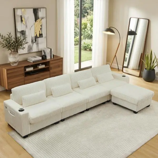 【3-Piece Set 】Niccae 126" Oversized Sectional Couch for Living Room, L-Shaped Modular Corduroy Sofa with Ottoman, Cup Holders, 4-Seater Convertible Design, Charge Port, Waist & Back Pillows