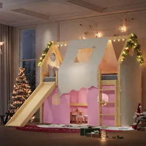 Twin/Full Size House Loft Bed with Slide and Tents, Solid Wood Loft Bed Frame with LED Lights and Ladders, No Box Spring Needed