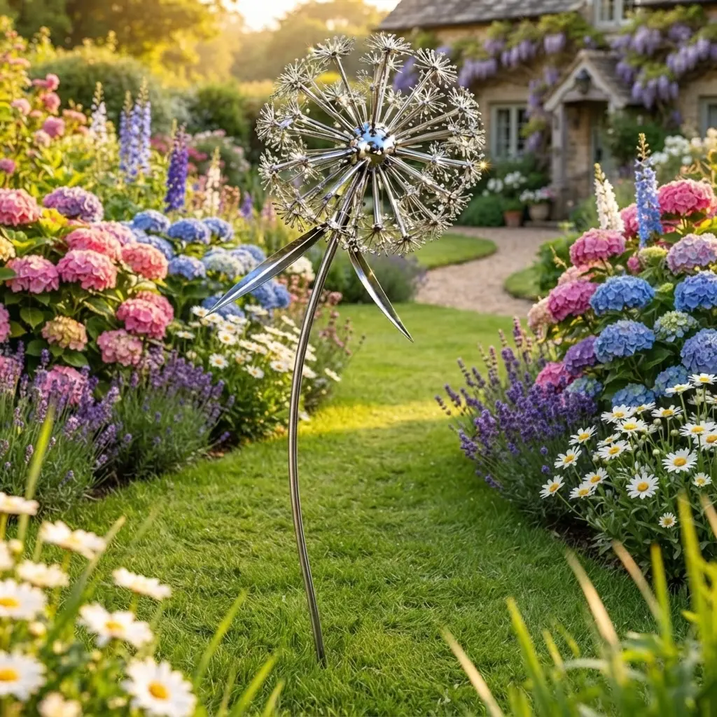 Stainless Steel Dandelion Garden Stake Sculpture - Large Reflective Metal Ornament, Weather-Resistant Landscaping Figurine for Outdoor Lawns, Elegant Housewarming Gift (Home Improvement, Garden Decor Supplies)